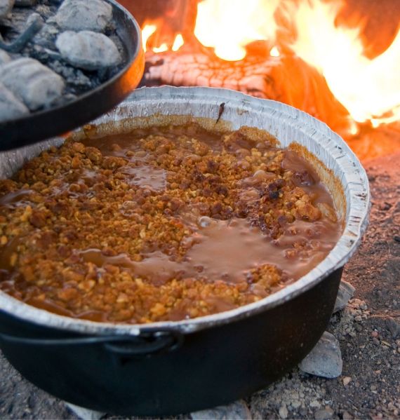 Photo of cowboy baked beans in pot to illustrate Chuckwagon Cooking Recipes